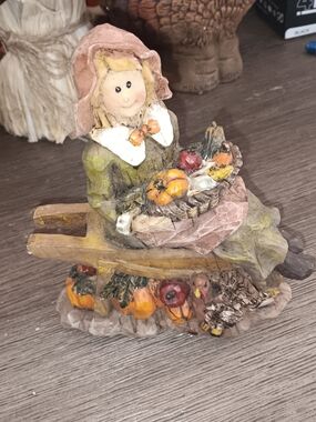 Orange and Green Autumn Girl with Fruit Basket Sculpture